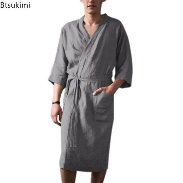 Spring Autumn Men’s Cotton Linen Kimono Robe Long Nightgown - Image 3