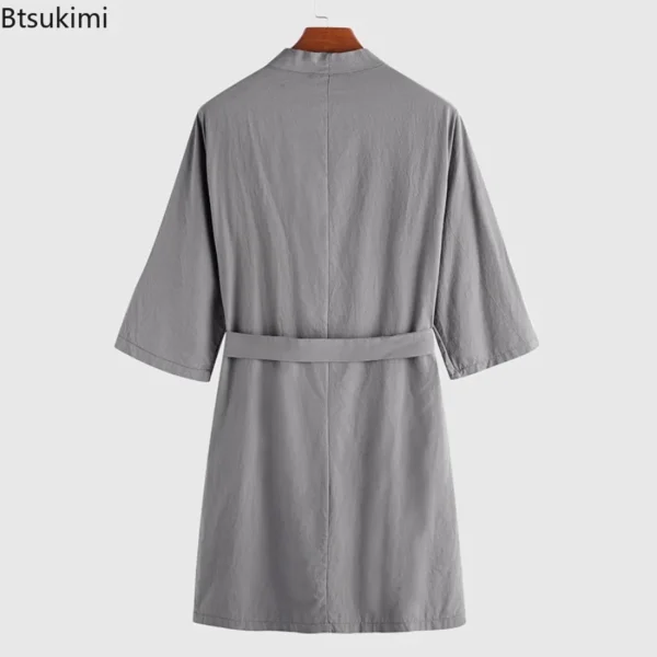 Spring Autumn Men’s Cotton Linen Kimono Robe Long Nightgown - Image 5