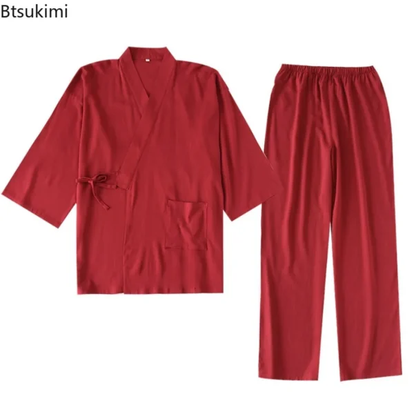 Japanese Cotton Linen Kimono Robes Men's Two-Piece Pajama Set - Image 6