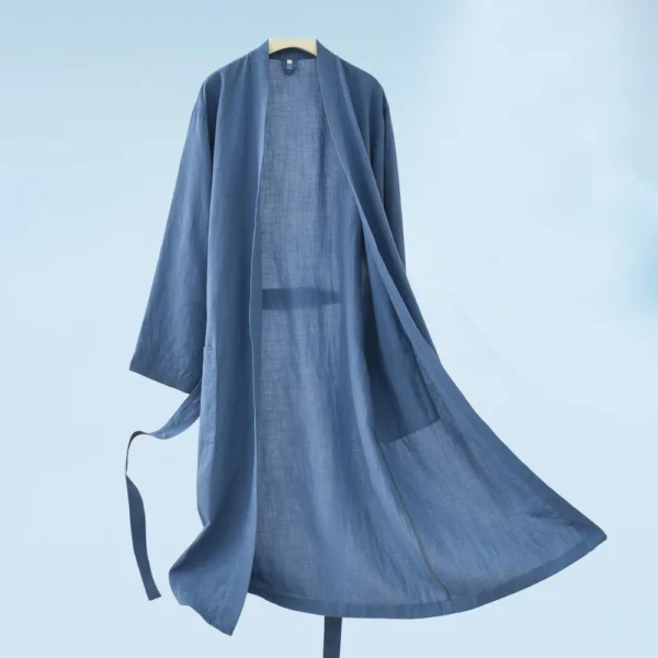 Unisex Linen Tencel Kimono Bathrobe Loose Nightwear Spa Robe - Image 3