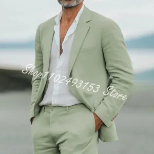 Green Linen Men Suits Notched Lapel Blazer 2 Piece Wedding Set