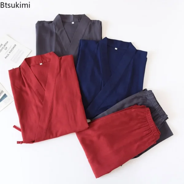 Japanese Cotton Linen Kimono Robes Men's Two-Piece Pajama Set - Image 3