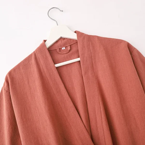Japanese Cotton Linen Kimono Bathrobe Men Long Sleeve Sleepwear - Image 4