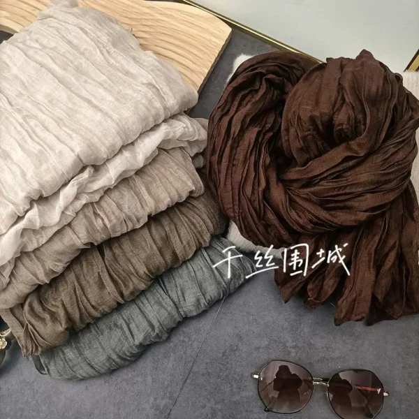 Retro Solid Color Pleated Cotton Linen Scarf Unisex Warm Long Shawl