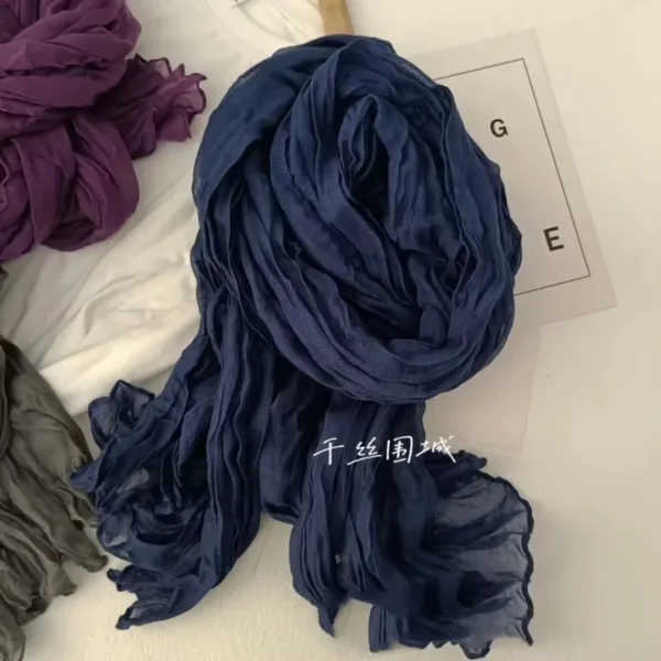 Retro Solid Color Cotton Linen Scarf Pleated Thermal Shawl For Men Women - Image 6