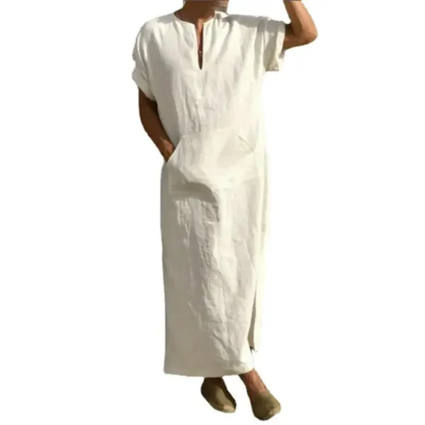 Men's Summer Linen Robe Muslim Style V-Neck Short Sleeve - Image 2