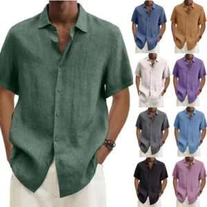 Men's Cotton Linen Short Sleeve Button Lapel Casual Office Shirt