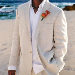 Beige Linen Wedding Suits For Men Beach Groom 2 Piece Summer Suit