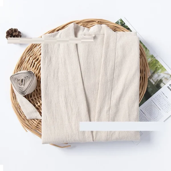 Japanese Cotton Linen Kimono Bathrobe Men Long Sleeve Sleepwear - Image 6