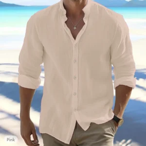 Men's Cotton Linen Long Sleeve Stand Collar Beach Shirt Summer
