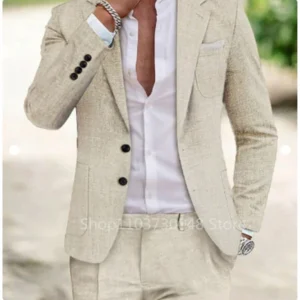 Light Blue Beige Linen Summer Men Suits Slim Fit 2 Piece Set