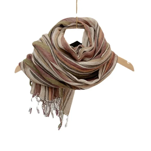 Men's Cotton Linen Striped Scarf Brown Long Shawl Unisex Fashion - Image 6