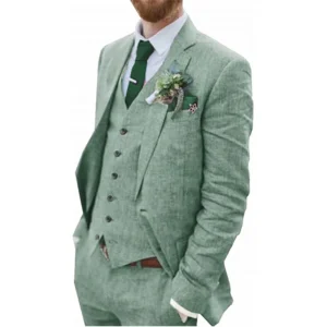 Men's Retro Linen Men Suit Beach Wedding 3 Piece Slim Fit Set