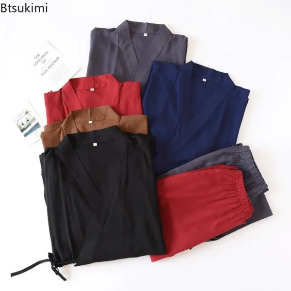 Japanese Cotton Linen Kimono Robes Men's Two-Piece Pajama Set - Image 2