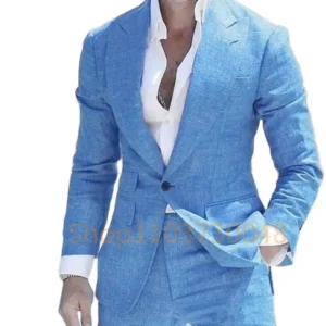 Casual Light Blue Linen Men Suit Slim Fit Peak Lapel Set