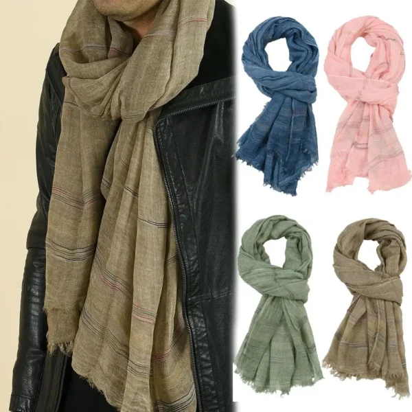 Men's Cotton Linen Yarn-Dyed Striped Scarf Winter Tassel Shawl - Image 2