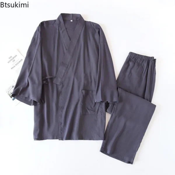 Japanese Cotton Linen Kimono Robes Men's Two-Piece Pajama Set - Image 4