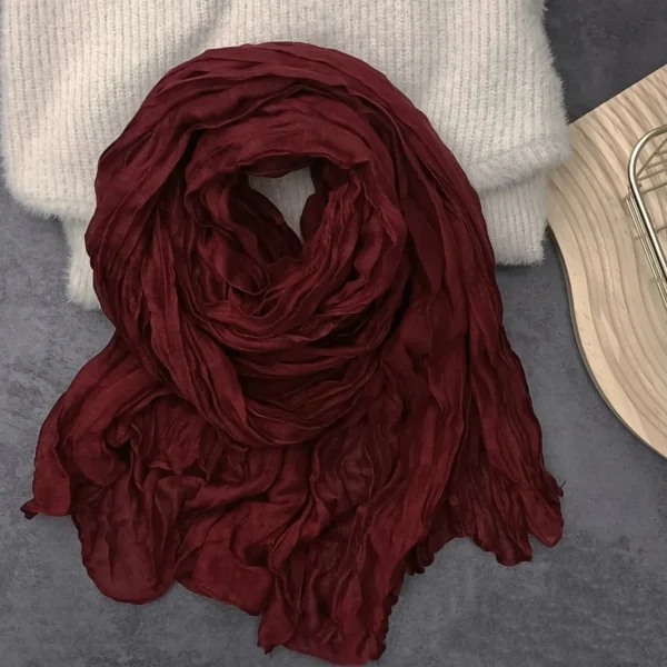 Retro Solid Color Pleated Cotton Linen Scarf Unisex Warm Long Shawl - Image 4