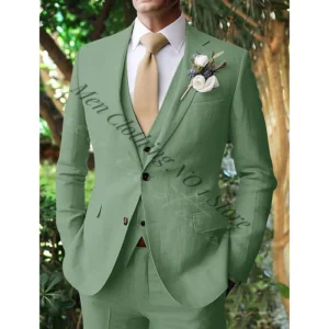 Sage Green Men's Linen Suits Summer Beach Three-Piece Wedding Set