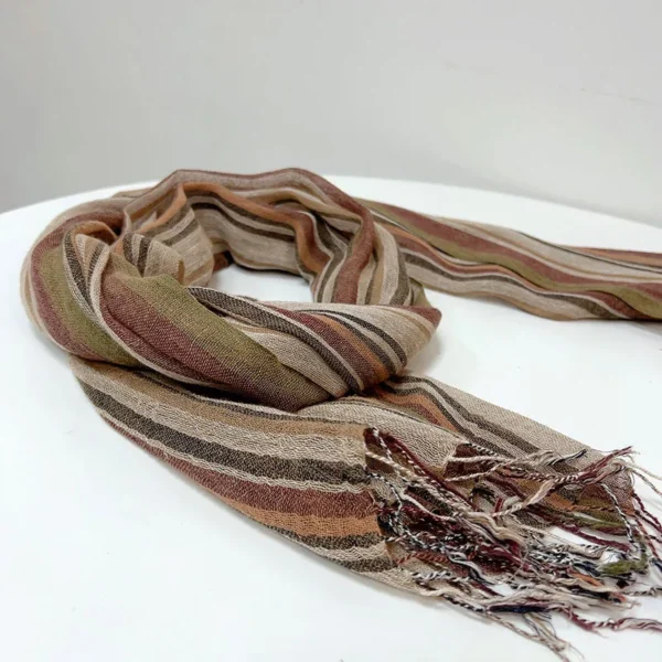 Men's Cotton Linen Striped Scarf Brown Long Shawl Unisex Fashion - Image 2