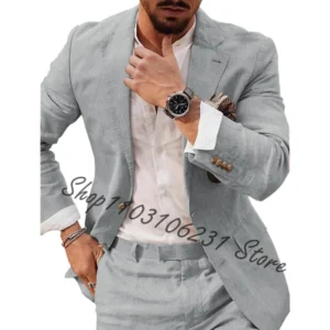 Summer Beach Business Linen Men Suits 2 Piece Blazer Pants Set