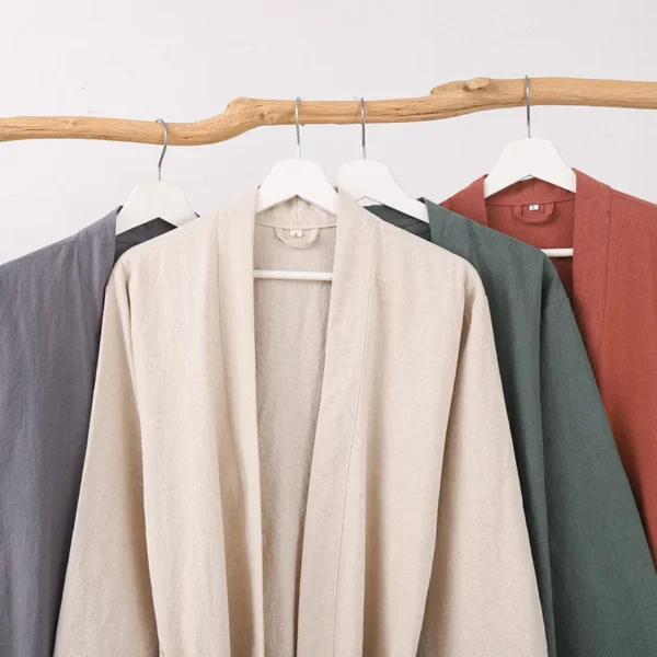Japanese Cotton Linen Kimono Bathrobe Men Long Sleeve Sleepwear - Image 3