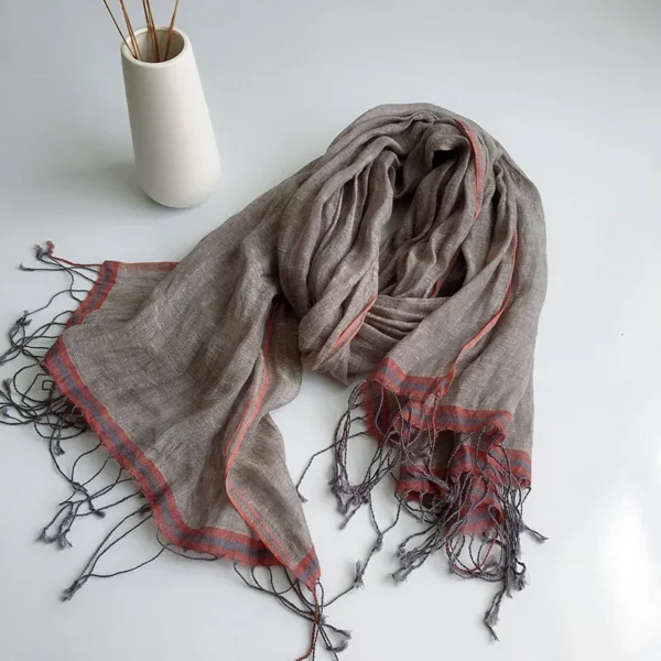 100% Natural Linen Solid Color Summer Scarf Shawl With Tassels - Image 3