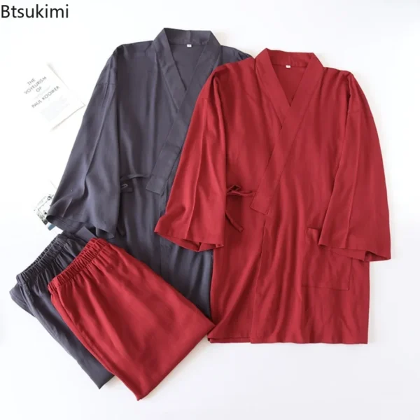 Japanese Cotton Linen Kimono Robes Men's Two-Piece Pajama Set