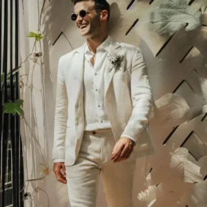 Linen Wedding Suits For Men Summer Groom 2 Piece Notch Lapel Set