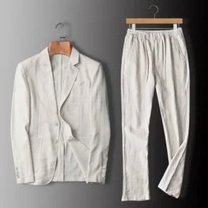 Casual Mens Suits Jacket And Trousers Thin Linen Blazer Summer Pants Set