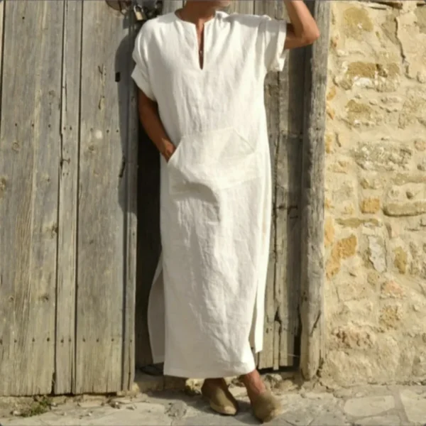 Men's Summer Linen Robe Muslim Style V-Neck Short Sleeve - Image 4