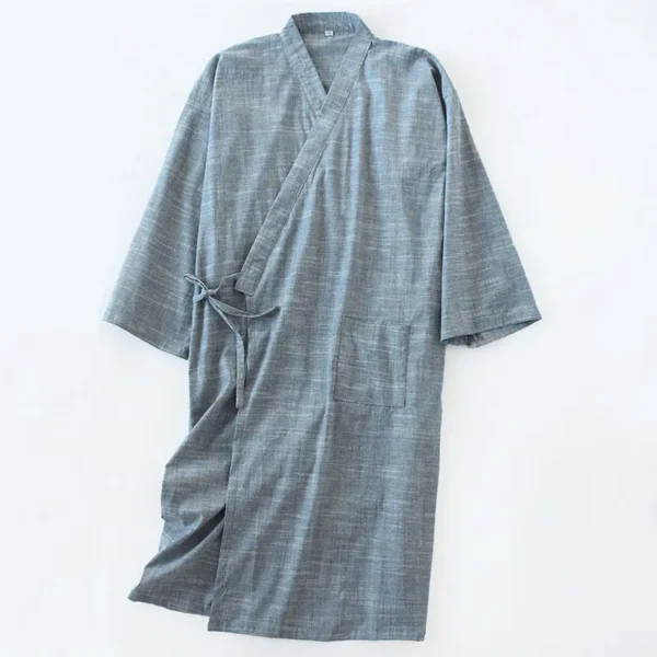 Men's Cotton Linen Kimono Pajamas Robe One Piece Bathrobe Nightgown - Image 2