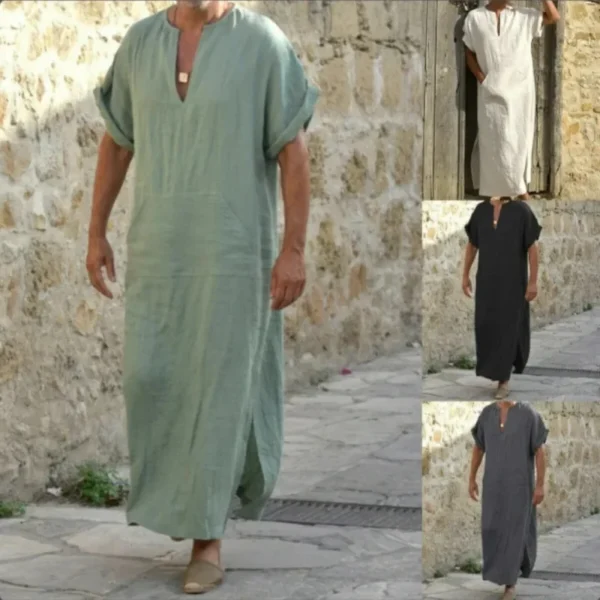 Men's Summer Linen Robe Muslim Style V-Neck Short Sleeve - Image 5