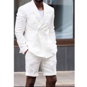 White Linen Mens Suits With Double Breasted Slim Fit Set