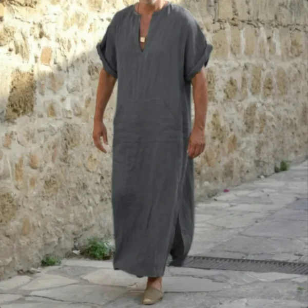 Men's Summer Linen Robe Muslim Style V-Neck Short Sleeve - Image 3