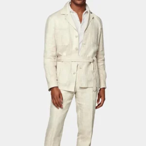 Linen Men's Suits With Belt Tuxedo Summer Casual Style 2 Piece Set