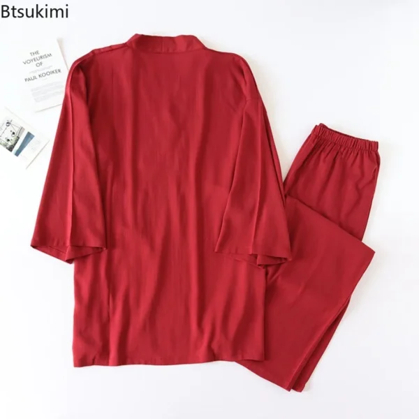 Japanese Cotton Linen Kimono Robes Men's Two-Piece Pajama Set - Image 5