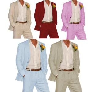 Men Linen Suit Wedding 2 Piece Blazer Pants Summer Beach Set
