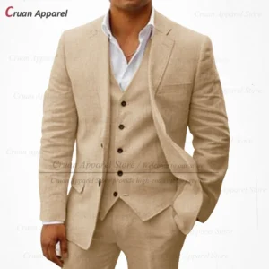 Classic Beige Linen Suits Men Set Beach Wedding Three-Piece Groom Suit