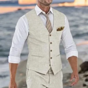 Beige Linen Suit Vest For Men Wedding Summer Beach Waistcoat