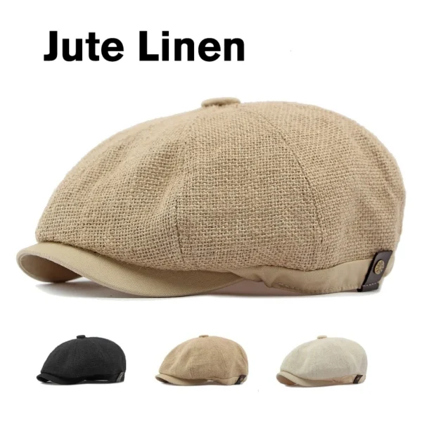 Vintage Jute Linen Breathable Octagonal Beret Hat For Men And Women
