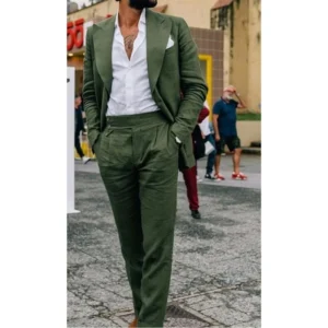 Green Linen Men Suits Casual Beach Wedding Peak Lapel Set