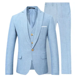 High Quality 3 PCS Beige Blue Linen Men Suits Slim Fit Wedding Suit