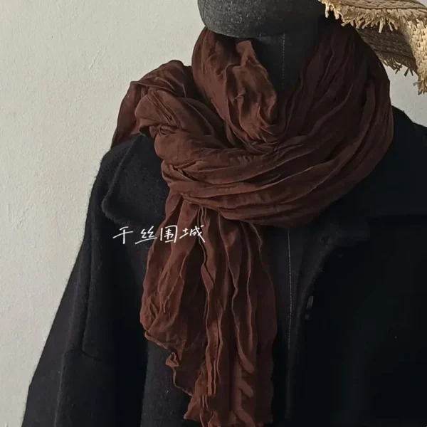 Retro Solid Color Pleated Cotton Linen Scarf Unisex Warm Long Shawl - Image 3