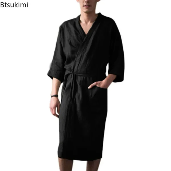 Spring Autumn Men’s Cotton Linen Kimono Robe Long Nightgown