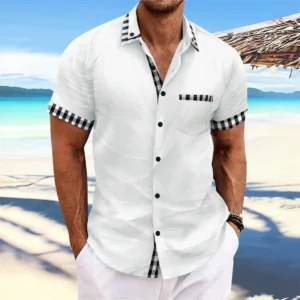 Men's Cotton Linen Printed Pocket Lapel Beach Casual Shirt Summer