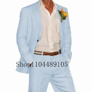 Linen Suit 2 Pieces Blazer And Pants Set Summer Wedding Suit Men