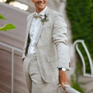 Linen Men's Suits For Summer Wedding Notched Lapel Two-Piece Set