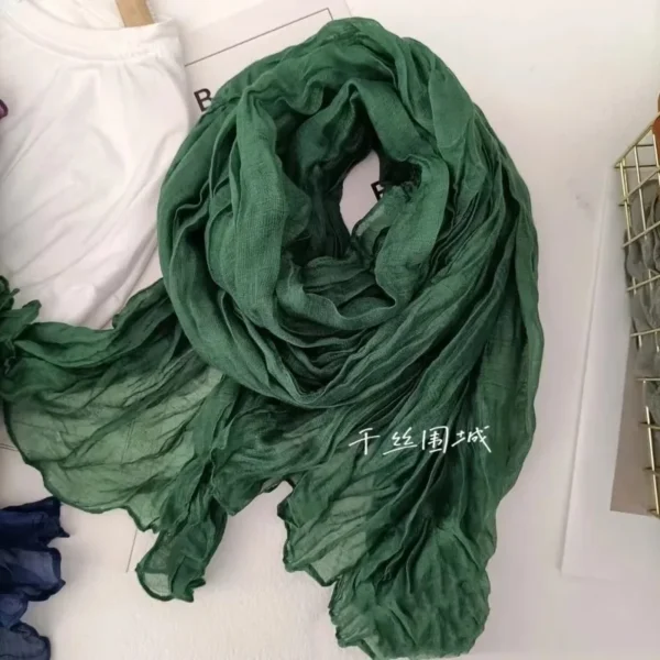 Retro Solid Color Cotton Linen Scarf Pleated Thermal Shawl For Men Women