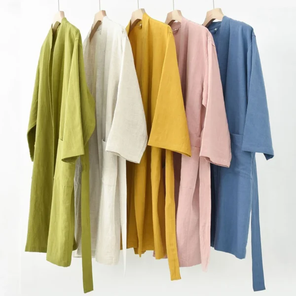 Unisex Linen Tencel Kimono Bathrobe Loose Nightwear Spa Robe